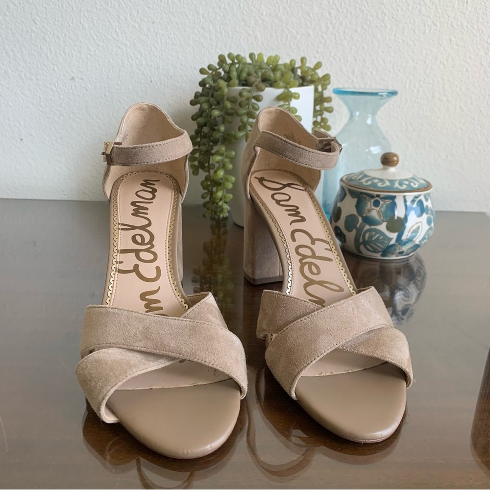 Sam Edelman Orlane Suede sandals with cross strap, 3 1/2” block heels. S…